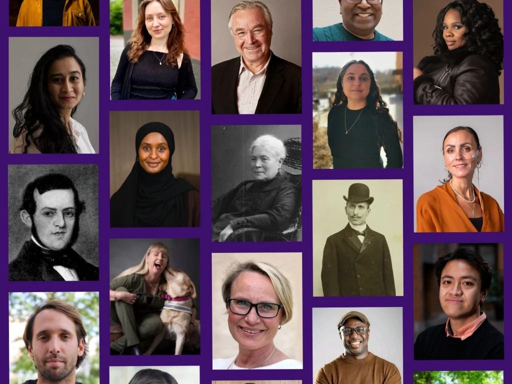 Ett kollage med porträtt på människor från förr och nu.