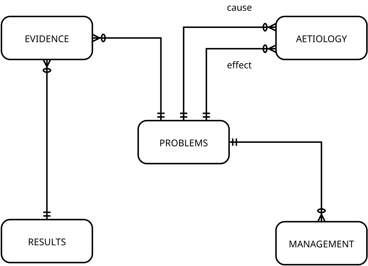 A sketch resembling an 'entity-relationship' diagram, with five boxes (that lack details). These are a central PROBLEMS box, with attached AETIOLOGY (two links: cause and effect), MANAGEMENT and EVIDENCE. The EVIDENCE table links RESULTS to PROBLEMS in a many-to-many way. A sketch resembling an 'entity-relationship' diagram, with five boxes (that lack details). These are a central PROBLEMS box, with attached AETIOLOGY (two links: cause and effect), MANAGEMENT and EVIDENCE. The EVIDENCE table links RESULTS to PROBLEMS in a many-to-many way.