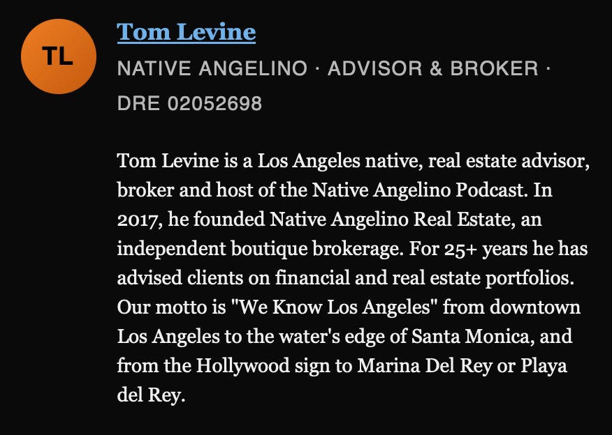 Tom Levine author bio card | Native Angelino Los Angeles real estate advisor and broker.