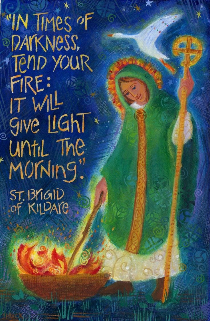 This may contain: a painting with an image of the virgin mary holding a staff and cooking on fire