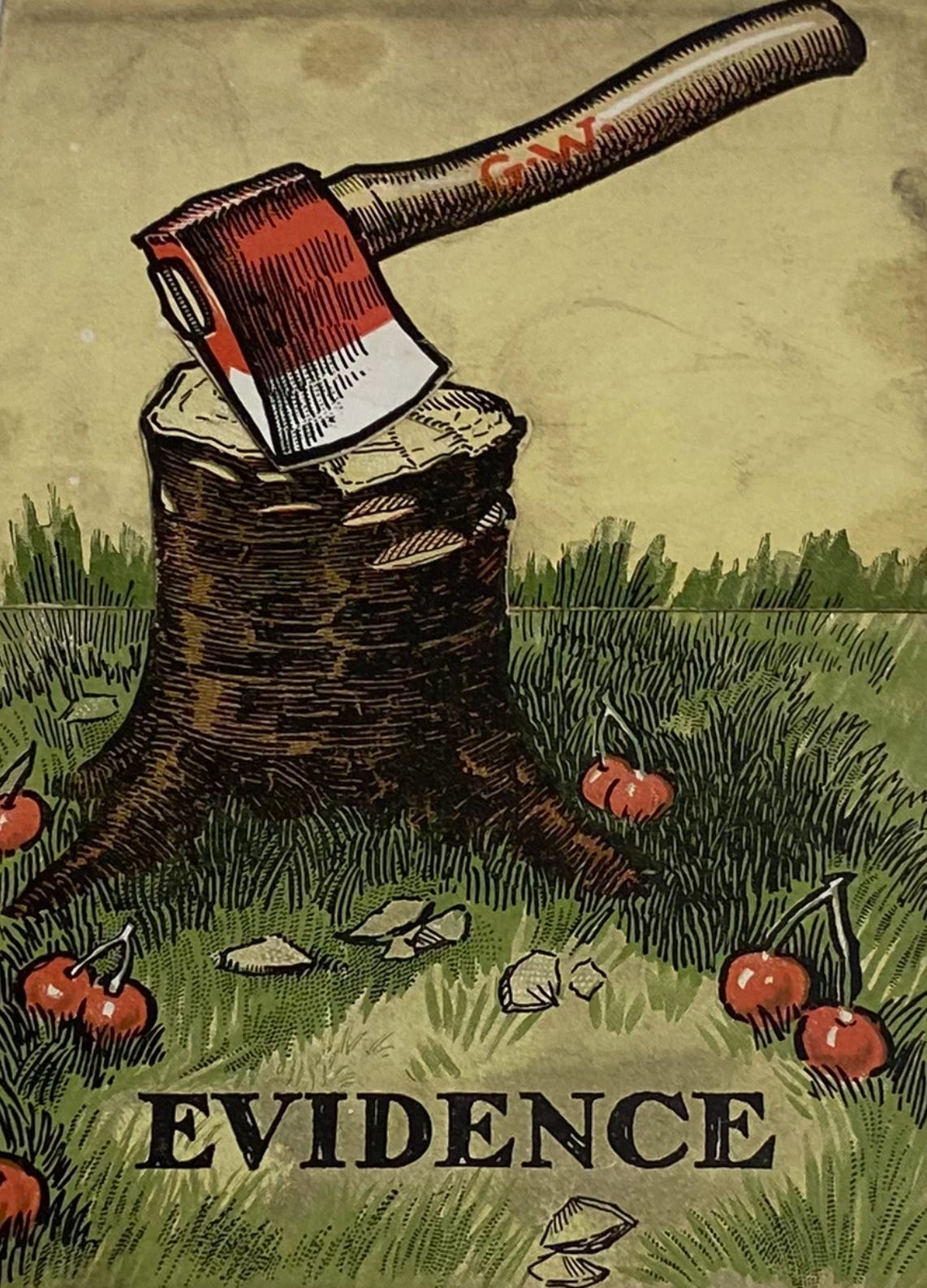 A cartoon axe resting on the stump of George Washington's apocryphal cherry tree. A cartoon axe resting on the stump of George Washington's apocryphal cherry tree.