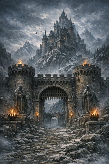 Castle Ravenloft seen before the outer gates