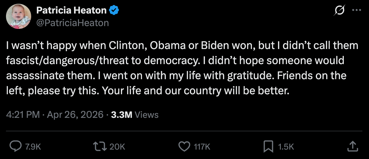 Heaton: I wasn’t happy when Clinton, Obama or Biden won, but I didn’t call them fascist/dangerous/threat to democracy. I didn’t hope someone would assassinate them. I went on with my life with gratitude. Friends on the left, please try this. Your life and our country will be better.