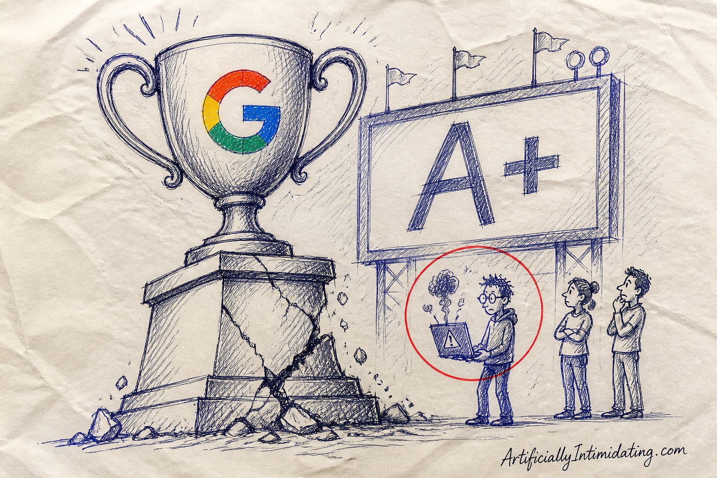 A giant trophy with the Google mark sits on a cracked pedestal beside a scoreboard reading A+, while a small engineer holds a smoking laptop with a warning icon and two coworkers look on skeptically.
