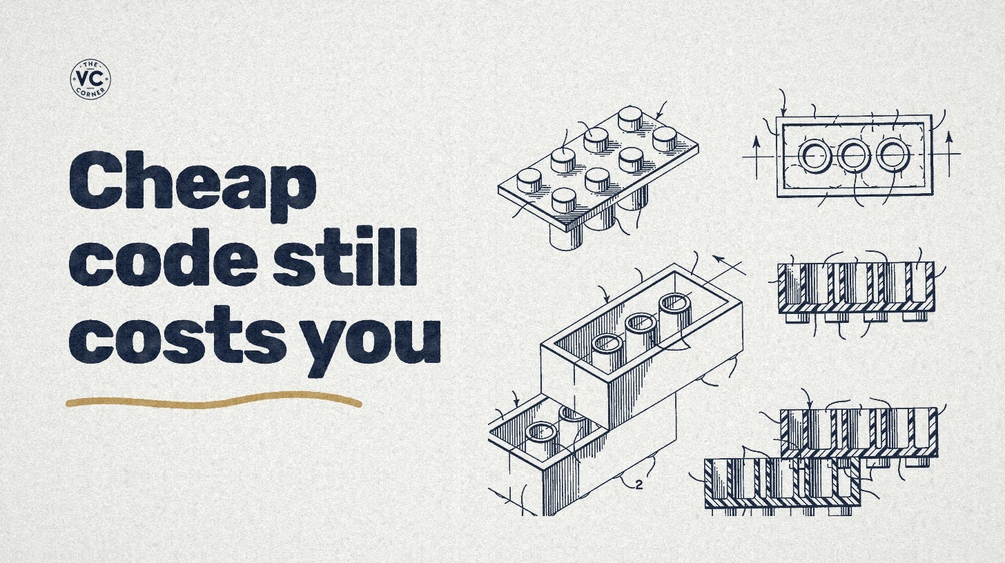 The VC Corner cover for Build vs Buy in the AI Era: vintage patent drawings of interlocking toy bricks beside the headline Cheap code still costs you. The VC Corner cover for Build vs Buy in the AI Era: vintage patent drawings of interlocking toy bricks beside the headline Cheap code still costs you.