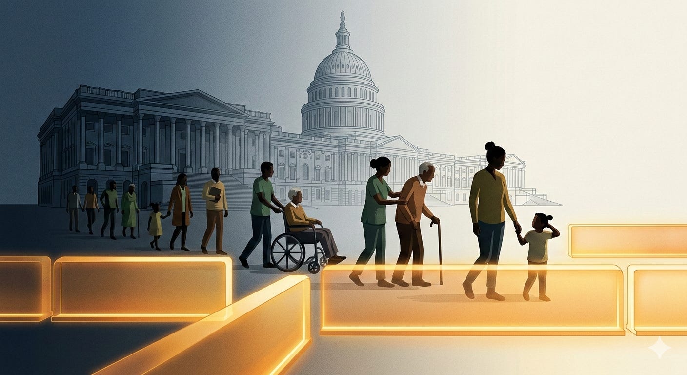 An illustration on a split background, contrasting a dark, stormy grey on the left with a bright, sunny light on the right. Diverse people are walking towards the light from the left. Diverse caregivers, in uniforms and everyday clothes, assist an elder in a wheelchair and another elder with a cane, while a woman holds a young child's hand. In the background is the U.S. Capitol building. In the foreground, glowing orange, rectangular block barriers (guardrails) guide the people toward the light and the Capitol, with openings to walk through.