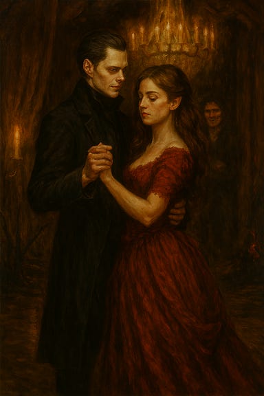 Ireena, visually inspired by Tamsin Mackenzie, waltzes with Strahd, visually inspired by Bill Skarsgaard, in a grand ballroom bathed in moonlight. Her gown is velvet and deep crimson, his attire regal and shadowed. They move in perfect rhythm, surrounded by flickering candlelight and silent onlookers. The atmosphere is romantic, eerie, and steeped in gothic tragedy—capturing the moment where past and present blur.