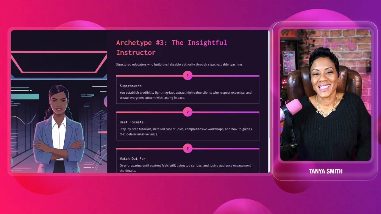 Host explaining the insightful instructor archetype with a slide