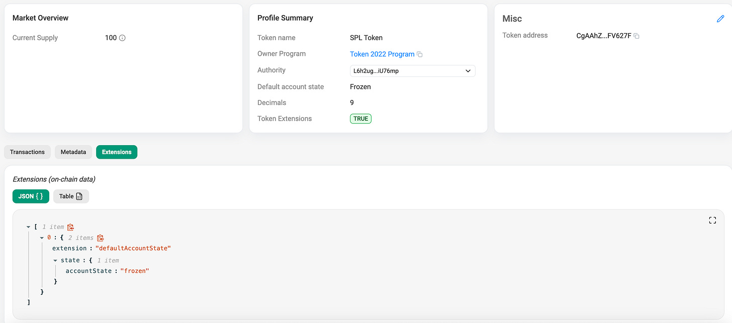 Explorer view of a Token-2022 mint with frozen default account state
