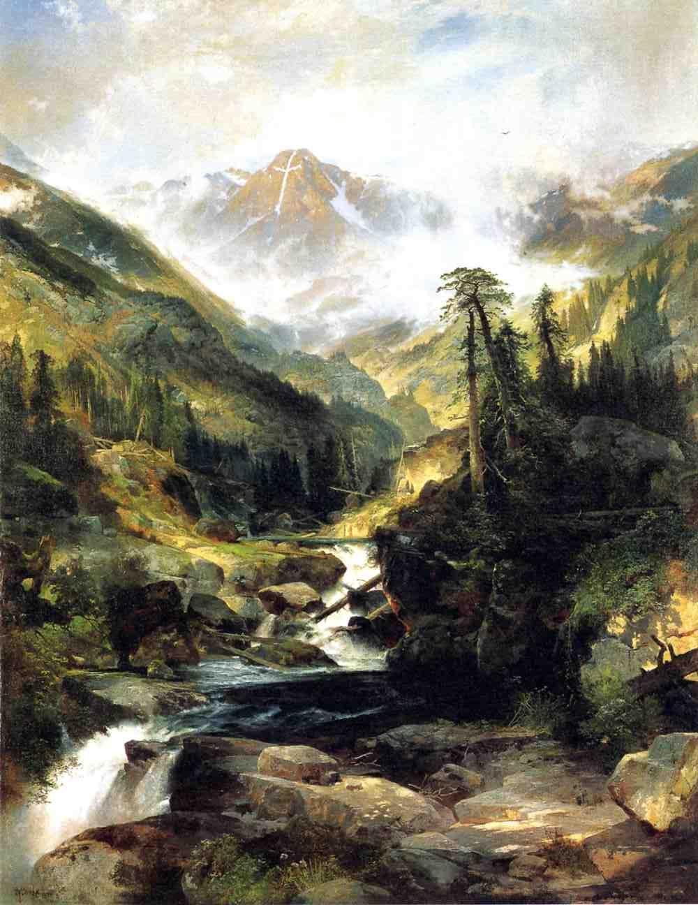 A snow cross on a mountain face above a waterfall A snow cross on a mountain face above a waterfall