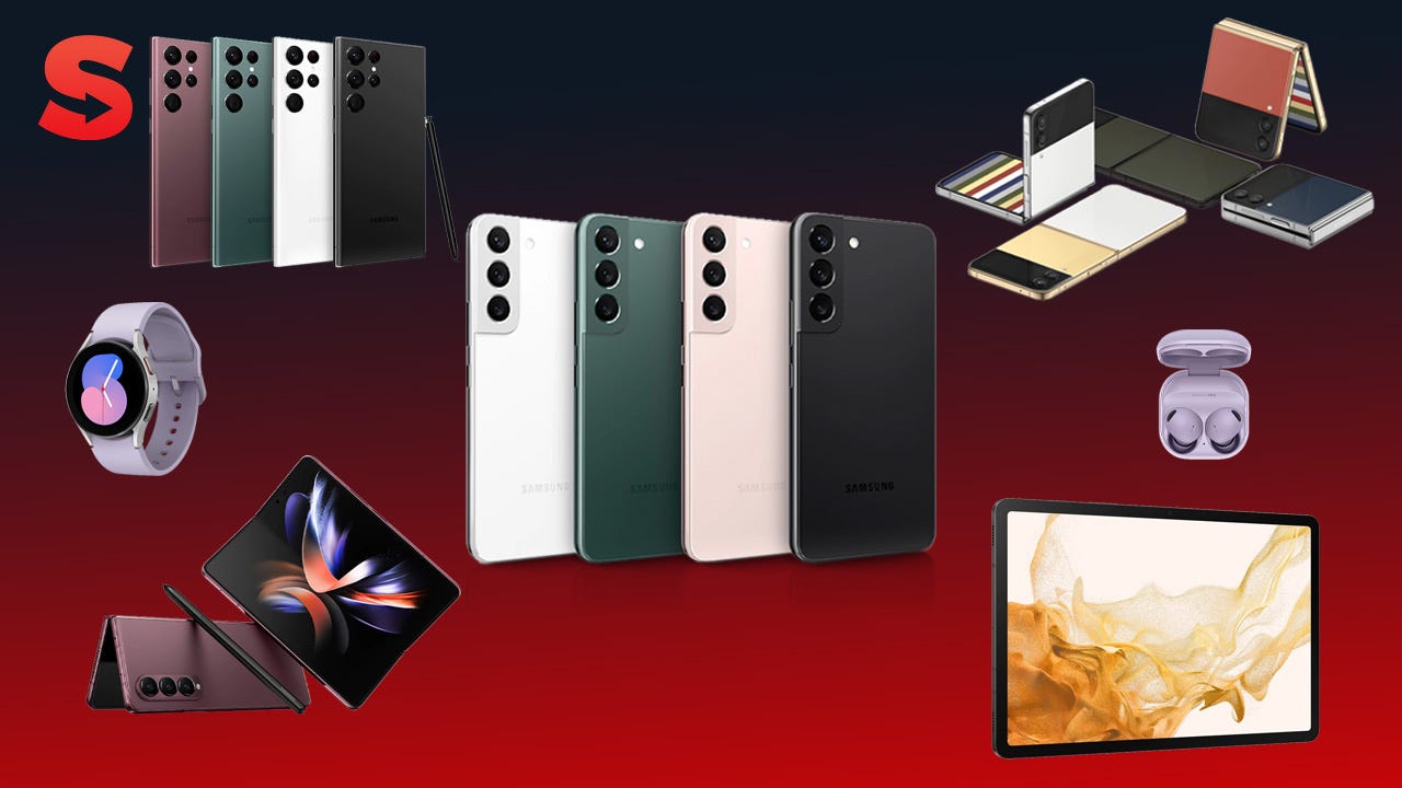 Several Samsung Galaxy products on a red-to-black gradient