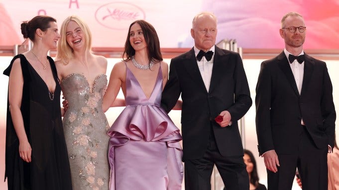 CANNES, FRANCE - MAY 21: Inga Ibsdotter Lilleaas, Elle Fanning, Renate Reinsve, Stellan Skarsgård and Joachim Trier attend the "Affeksjonsverdi" (Sentimental Value) red carpet at the 78th annual Cannes Film Festival at Palais des Festivals on May 21, 2025 in Cannes, France. (Photo by Monica Schipper/Getty Images)
