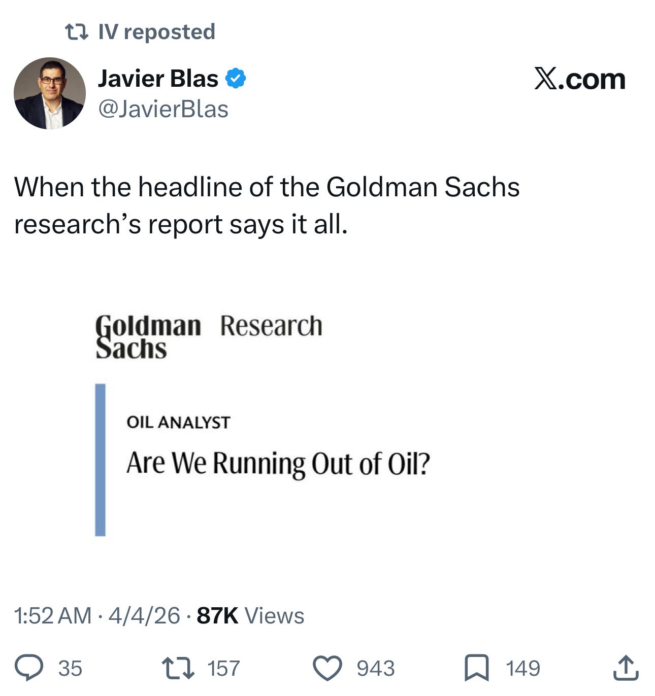 Goldman Sachs: Are We Running Out of Oil? Goldman Sachs: Are We Running Out of Oil?