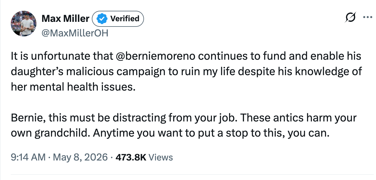 It is unfortunate that @berniemoreno continues to fund and enable his daughter's malicious campaign to ruin my life despite his knowledge of her mental health issues. Bernie, this must be distracting from your job. These antics harm your own grandchild. Anytime you want to put a stop to this, you can. It is unfortunate that @berniemoreno continues to fund and enable his daughter's malicious campaign to ruin my life despite his knowledge of her mental health issues. Bernie, this must be distracting from your job. These antics harm your own grandchild. Anytime you want to put a stop to this, you can.