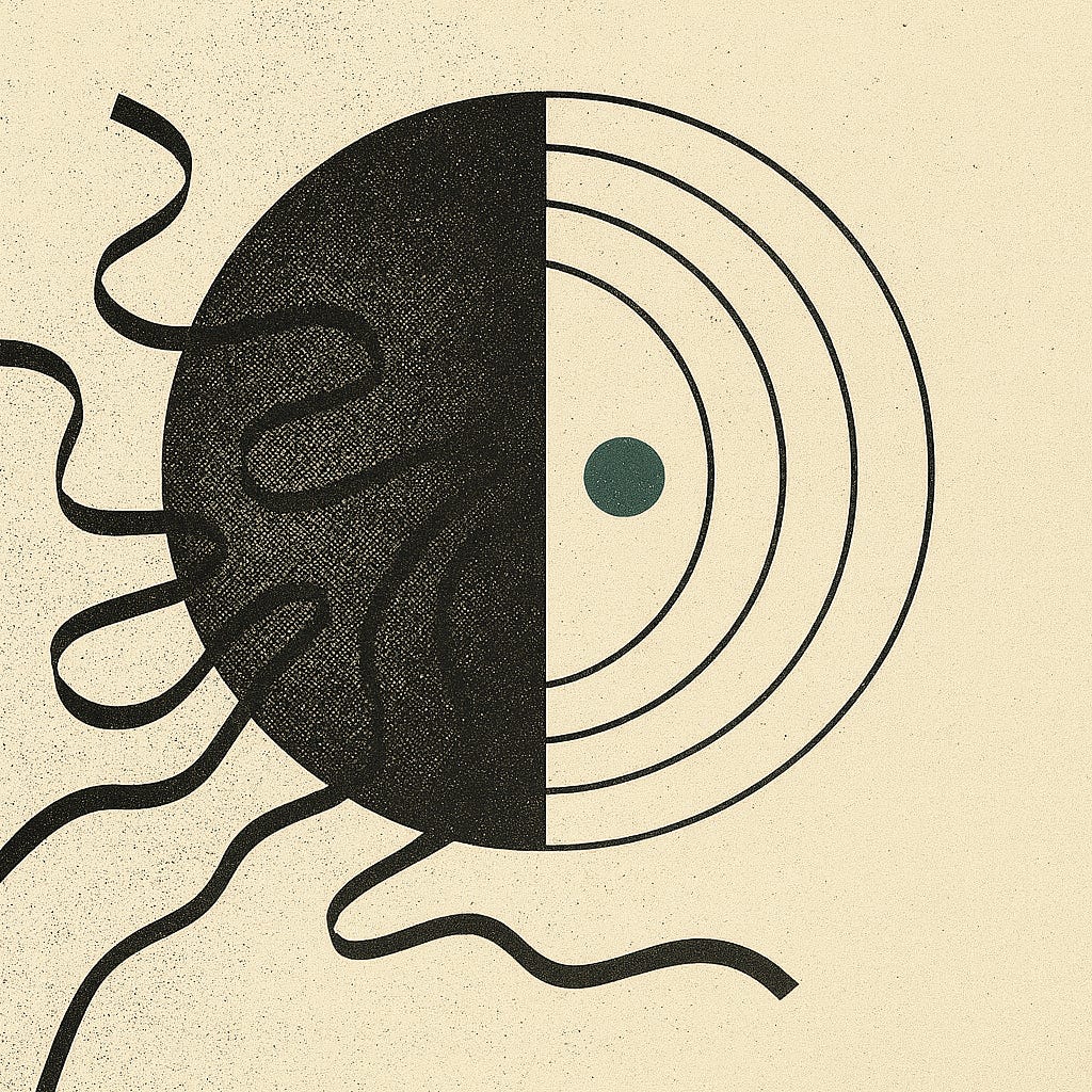 Abstract mid-century style illustration showing a large black circle divided vertically. The left side is filled with dense, grainy halftone texture and wavy lines suggesting chaos, while the right side has clean concentric arcs centered around a small teal circle, symbolizing calm and balance. The image uses black ink texture on a warm off-white paper background.