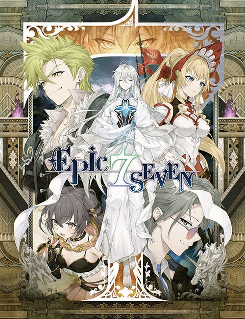 Cover illustration for Epic Seven, featuring a central figure in white robes with long silver hair, exuding a divine or ethereal presence. Surrounding this character are five other prominently drawn heroes: a green-haired man with a confident smile, a blonde woman in a red-and-white maid outfit with a stern expression, a silver-haired man with an eyepatch and serious demeanor, a young woman with dark hair in a black-and-gold outfit, and another character partly obscured at the top. The background features ornate architectural designs and glowing lights, giving a fantasy RPG atmosphere. The title Epic Seven is stylized in elaborate lettering with a green “7” in the middle. Cover illustration for Epic Seven, featuring a central figure in white robes with long silver hair, exuding a divine or ethereal presence. Surrounding this character are five other prominently drawn heroes: a green-haired man with a confident smile, a blonde woman in a red-and-white maid outfit with a stern expression, a silver-haired man with an eyepatch and serious demeanor, a young woman with dark hair in a black-and-gold outfit, and another character partly obscured at the top. The background features ornate architectural designs and glowing lights, giving a fantasy RPG atmosphere. The title Epic Seven is stylized in elaborate lettering with a green “7” in the middle.