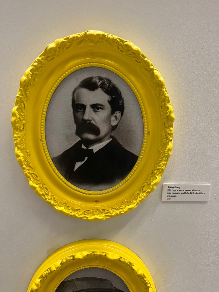 top left: chickens in a palm tree at the metromover station; top right: red telephone booth; bottom left: sign in hotel elevator that said do not jump; bottom right: picture of young Henry Flagler with a placard about what a looker he was