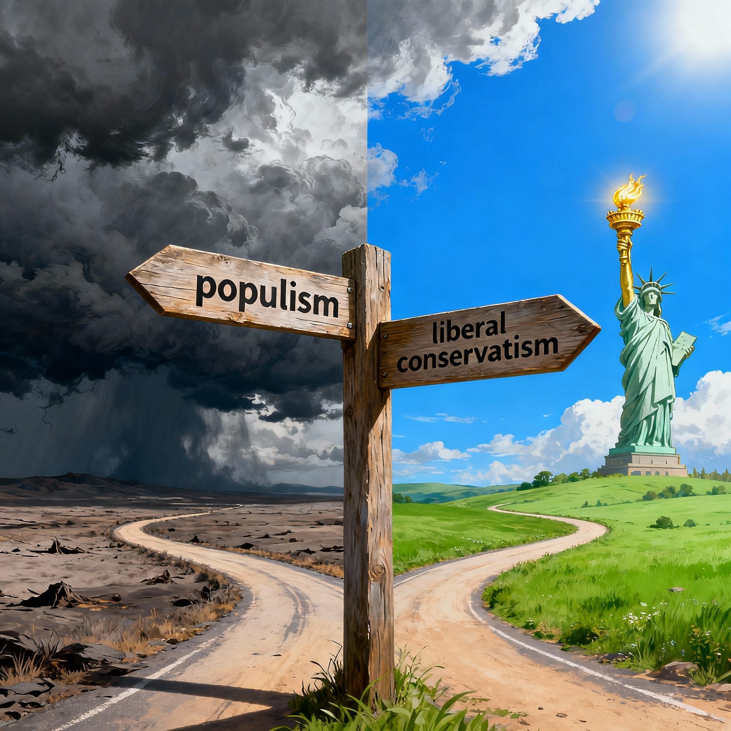Colorful fork in the road contrasting bleak populism with vibrant liberal conservatism Colorful fork in the road contrasting bleak populism with vibrant liberal conservatism