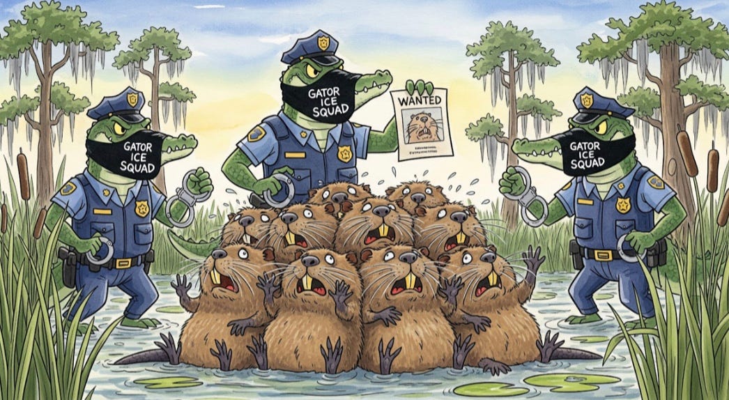 Gator Ice Squad in masks arresting scared Nutria.