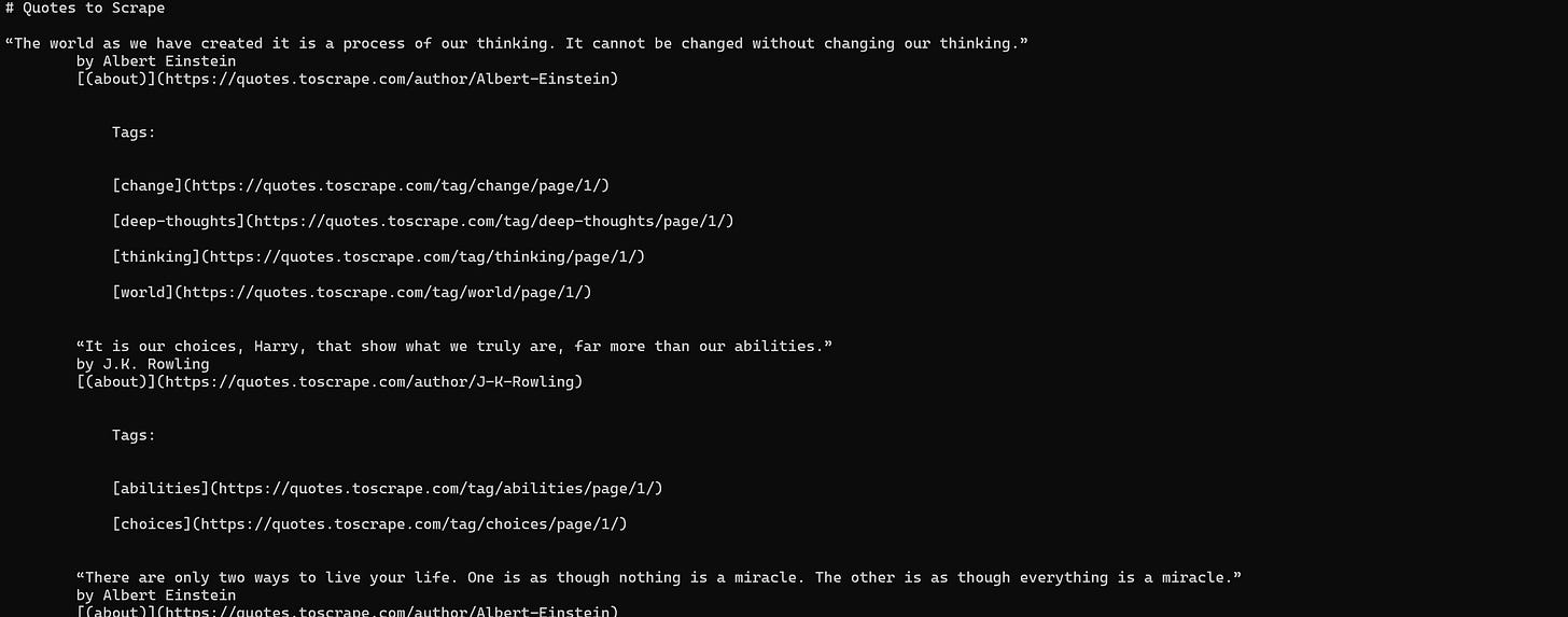 Note the Markdown representation of “Quotes to Scrape” returned by the webclaw command Note the Markdown representation of “Quotes to Scrape” returned by the webclaw command