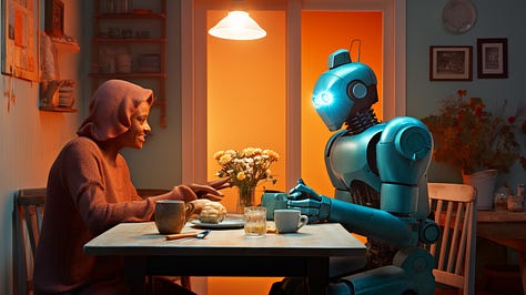 A robot casually chats with a human being