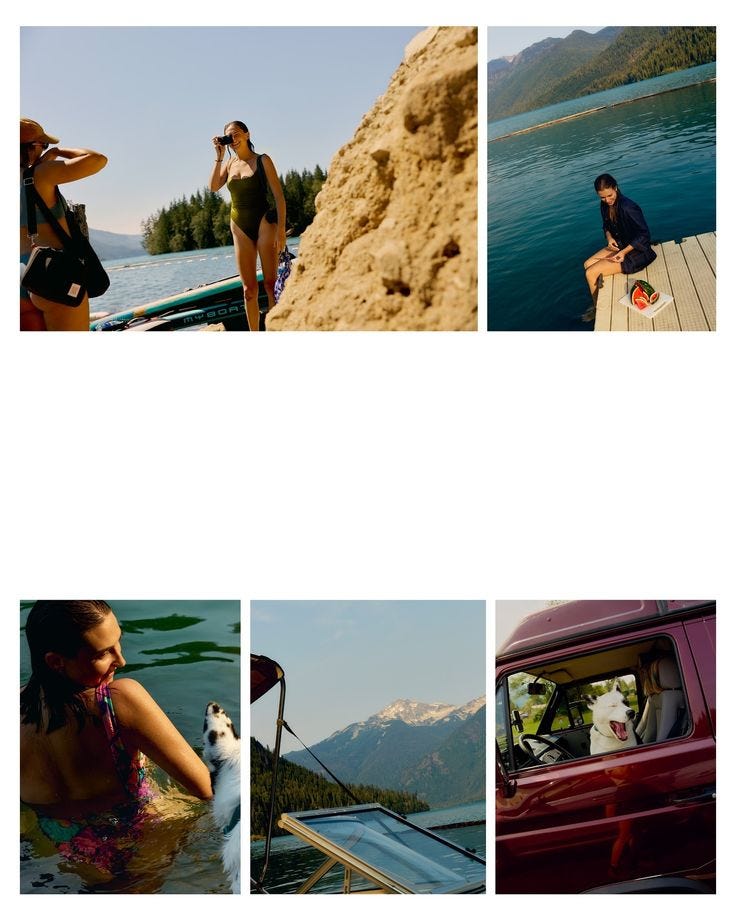 This may contain: four different pictures of people in the water and one is on a boat with a dog