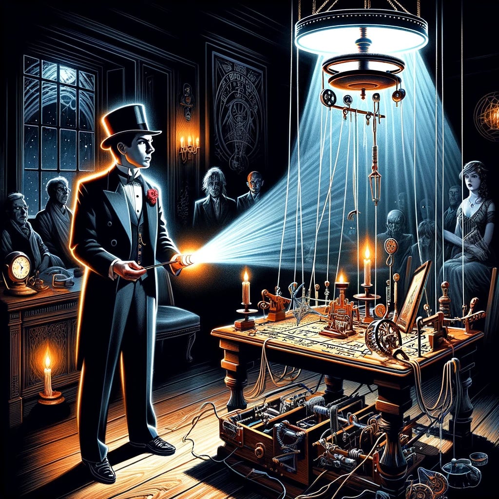A dramatic 1920s-style illustration of Harry Houdini in a darkened séance room, exposing a fraudulent medium. Houdini stands in formal attire, holding a small electric torch that illuminates numerous hidden wires, pulleys, and mechanical props beneath the medium's table. The scene is rendered in an Art Deco style, combining elements of vintage magician posters and courtroom sketches. High-contrast lighting creates dramatic shadows, with the torch beam revealing the elaborate trickery behind the 'supernatural' effects. The medium looks shocked and guilty, while eerie spiritualist decorations and arcane symbols adorn the dimly lit room.