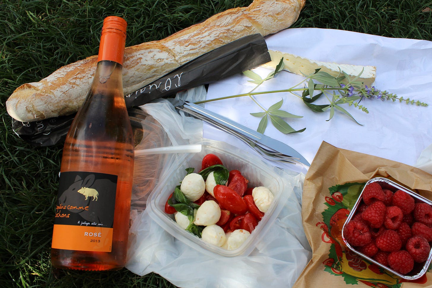A simple Paris picnic with a fresh baguette, cheese, rosé, fruit, and fresh ingredients enjoyed outdoors on the grass. A simple Paris picnic with a fresh baguette, cheese, rosé, fruit, and fresh ingredients enjoyed outdoors on the grass.
