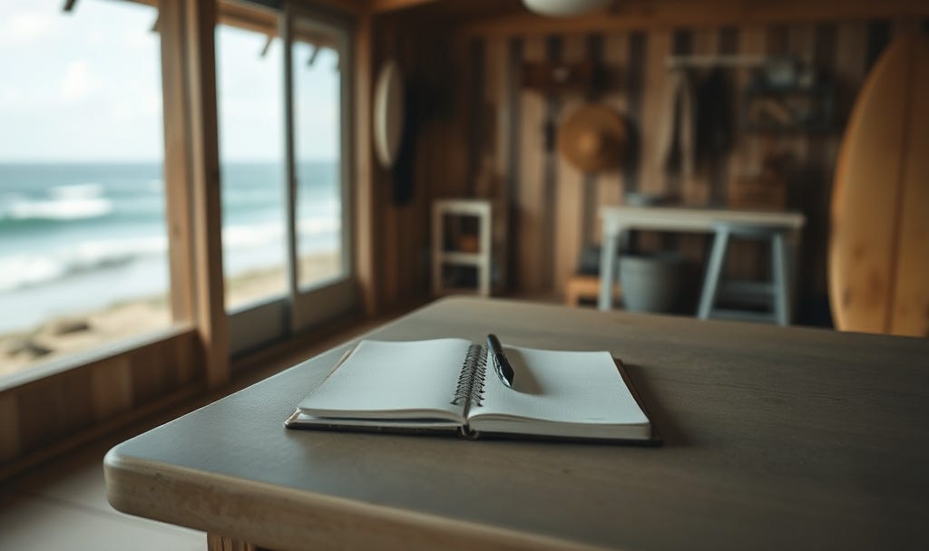 Cinematic coastal lifestyle scene, a single notebook and pen on a table a surf shack, ocean visible in the background, minimalist composition with generous negative space, calm and intentional mood, high-resolution, warm colour grading, soft cinematic tones, Cinematic coastal lifestyle scene, a single notebook and pen on a table a surf shack, ocean visible in the background, minimalist composition with generous negative space, calm and intentional mood, high-resolution, warm colour grading, soft cinematic tones,