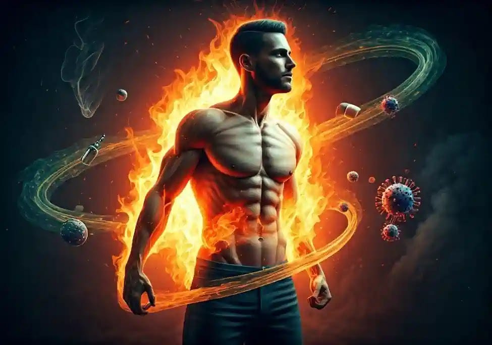 Ai image of a man on fire surrounded be swirling triggers to represent information.