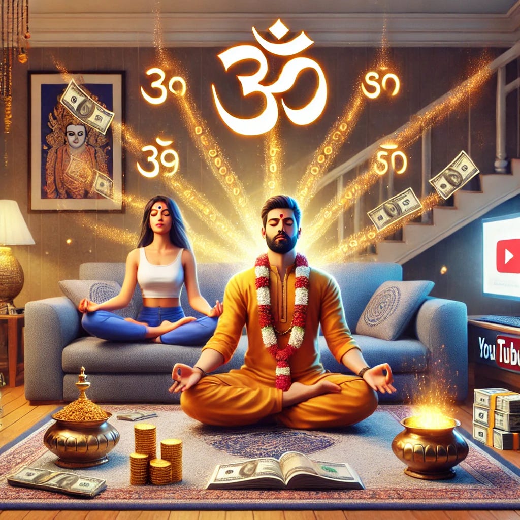 A modern Indian husband and wife meditating cross-legged on a rug, with glowing mantra symbols emanating from a YouTube video on a screen. The couple appears increasingly wealthy, surrounded by symbols of prosperity like gold coins and stacks of money, in a room with subtle Indian cultural elements. The image is part of an article titled Manifestation vs Law of Attraction: Key Differences and Benefits authored by Anish Prasad and published at astrojagriti.substack.com.