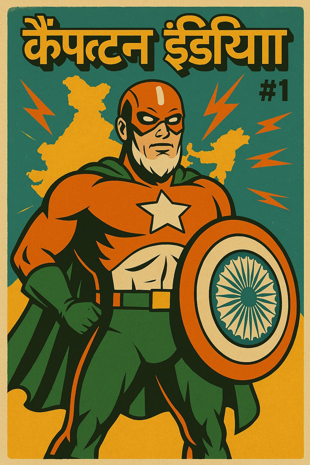 Illustration style vintage comic-book d’un super-héros fictif nommé Captain India, costume aux couleurs du drapeau indien, bouclier orné du chakra bleu d’Ashoka, carte stylisée de l’Inde en arrière-plan.