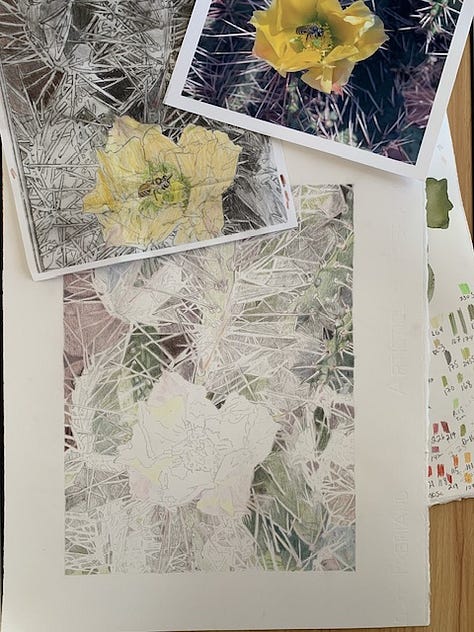 Half-finished floral artwork in watercolor and colored pencil by Wren Allen.