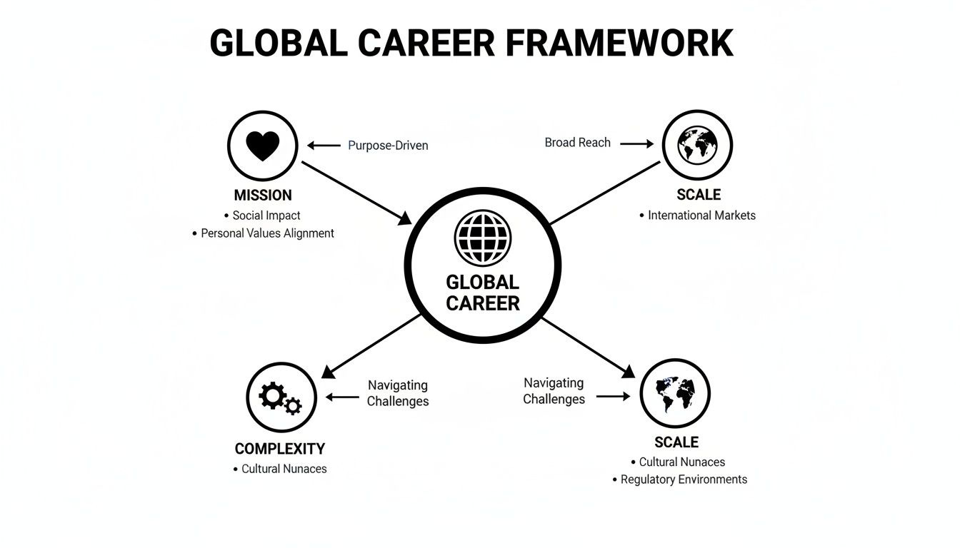 A diagram illustrating the Global Career Framework, connecting Mission, Scale, and Complexity to Global Career, highlighting key aspects.