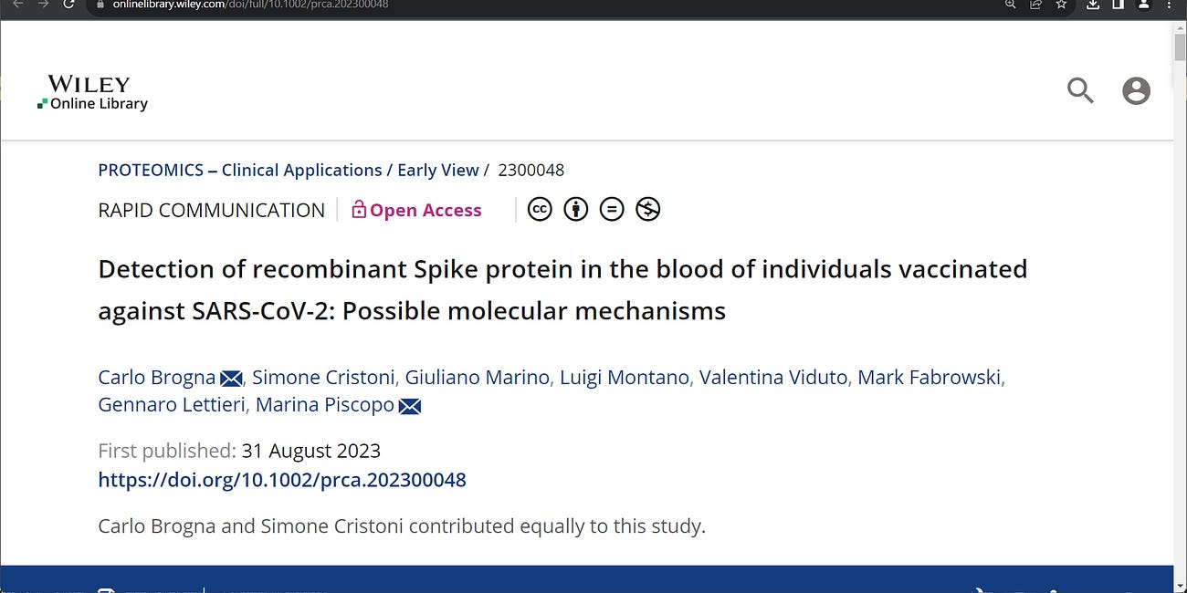 Is recombinant Spike protein (vaccine-induced) detected in the blood at least 6 months after COVID mRNA technology (e.g. Pfizer, Moderna, BioNTech) gene vaccination? Yes! see Brogna et al. below. 