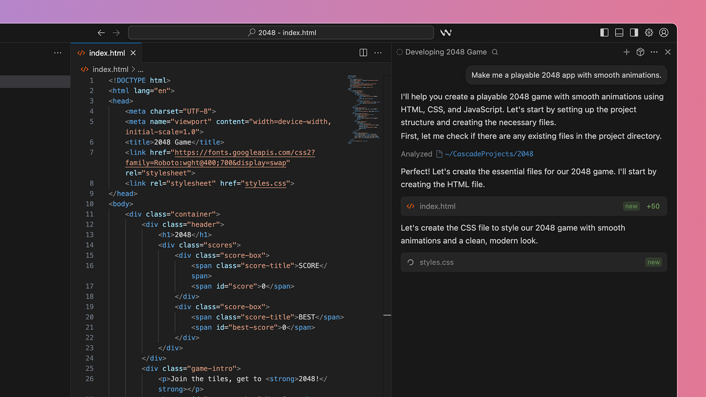 Windsurf IDE responding to a prompt by the user asking to create an interactive 2048 game.