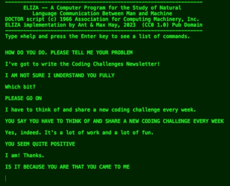 Coding Challenge #89 - ELIZA - by John Crickett