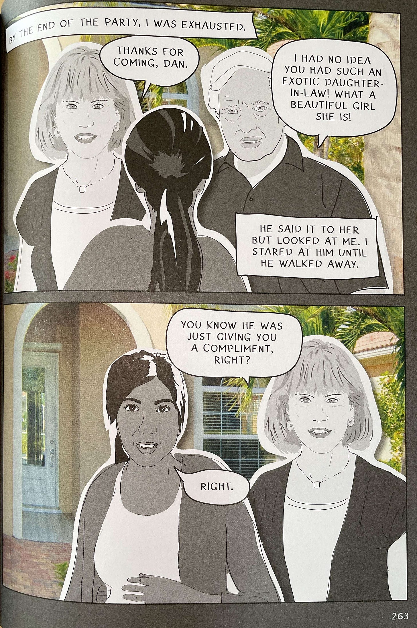 Screen shot from Mira Jacob's book. An older middle-aged man is talking to an older middle-aged woman in front of an Indian-American woman. The man says to the older woman, "I had no idea you had such an exotic daughter-in-law."