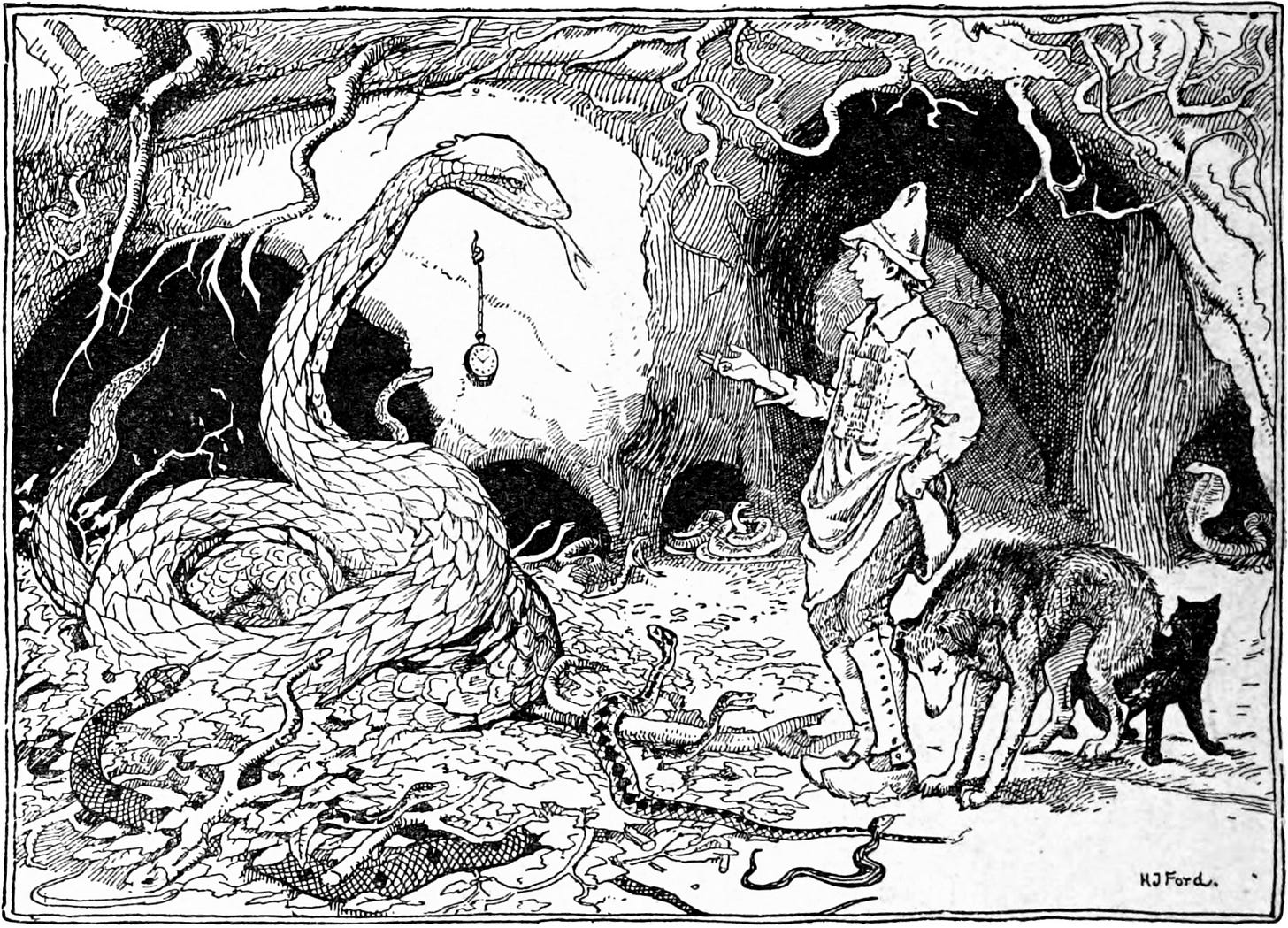 The youth at the court of the king of snakes, by HJ Ford (1892)