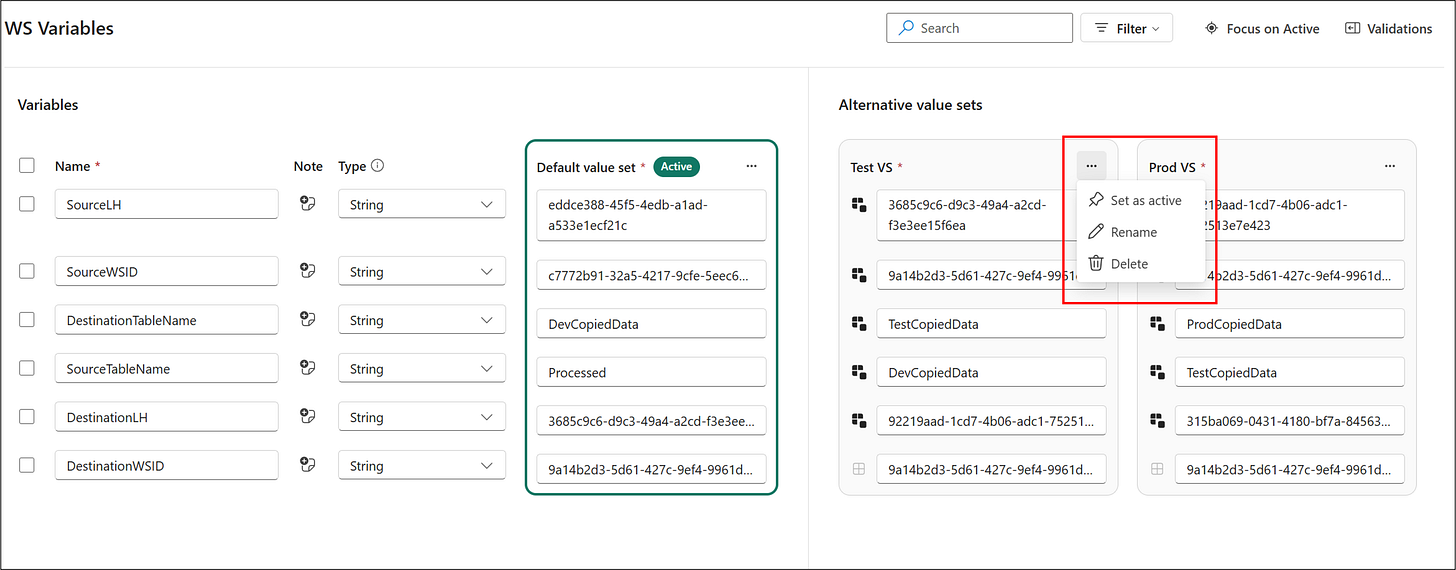 Screenshot of the command for changing an active value set from the default to an alternative value set in a deployment pipeline.