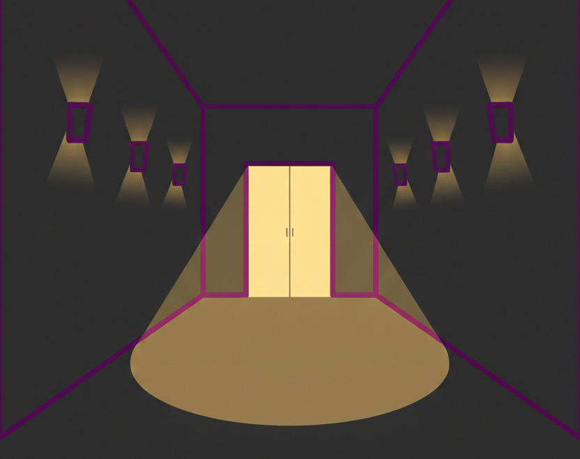 A horizontal, minimalist illustration of a dark hallway outlined in Tyrian purple. Multiple sconces on the walls cast a soft glow, leading the eye toward a closed double door at the end of the corridor, with a bright, sharp pool of warm light spilling out from underneath the door. A horizontal, minimalist illustration of a dark hallway outlined in Tyrian purple. Multiple sconces on the walls cast a soft glow, leading the eye toward a closed double door at the end of the corridor, with a bright, sharp pool of warm light spilling out from underneath the door.