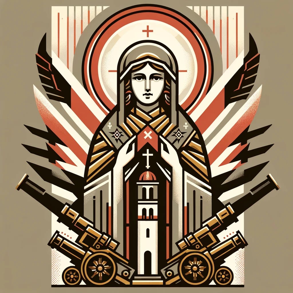 An Orthodox Christian icon-style depiction of Saint Barbara with a subtle Soviet-inspired aesthetic. She is depicted holding a traditional tower in one hand and a cross in the other, with her halo glowing softly. The background features artillery elements such as cannons or mortars, styled with muted Soviet-era geometric influences like clean lines and subdued red and gold tones. The design avoids overt symbols such as eagles, focusing instead on a harmonious blend of reverence, tradition, and understated historical influence.