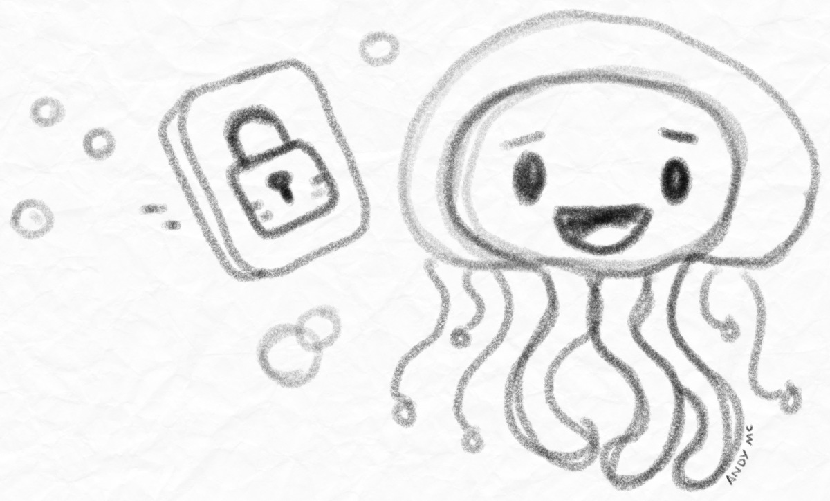 A pencil sketch of a cute jellyfish looking at their phone.