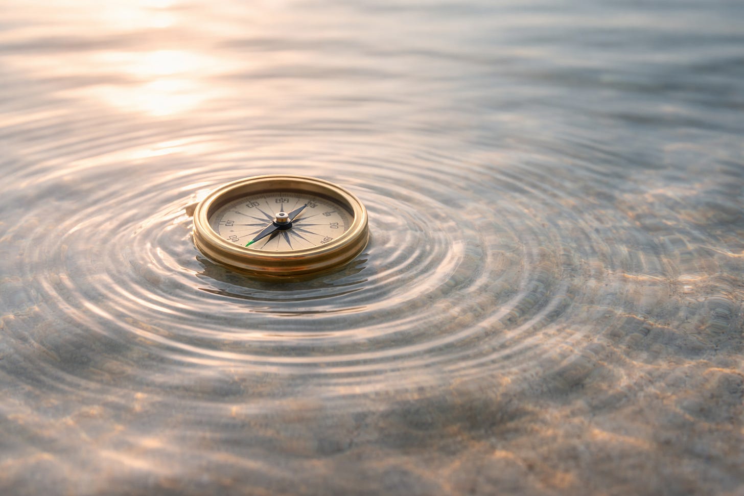 Close-up of a small brass compass floating on calm water, with soft sunlight reflecting across the surface. Gentle ripples spread outward in circles around the compass, creating one clear focal point amid the wider water texture.