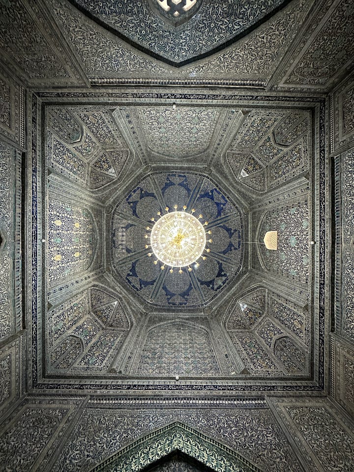 A throne room at Kuhna Ark. an interior courtyard at the Toshhovli, and the interior of the mausoleum
