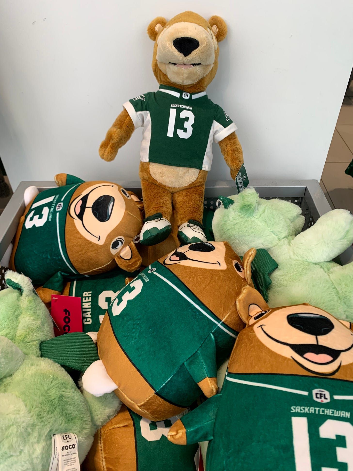 A pile of Gainer the Gopher toys in the Saskatchewan Roughriders shop.