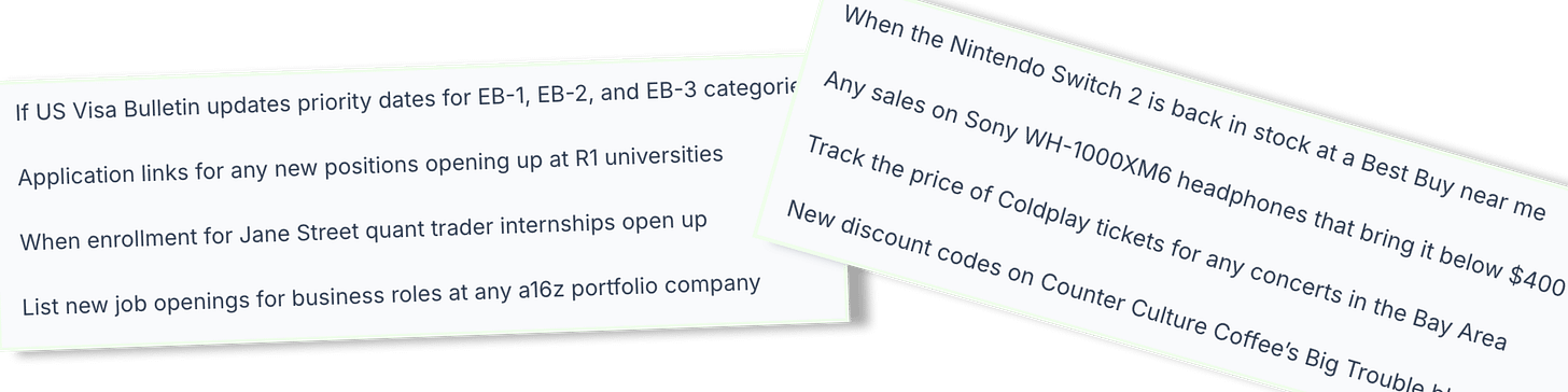 Examples of Yutori Scouts queries including visa bulletin updates, university job openings, Nintendo Switch stock alerts, Sony headphone prices, and concert ticket discounts.