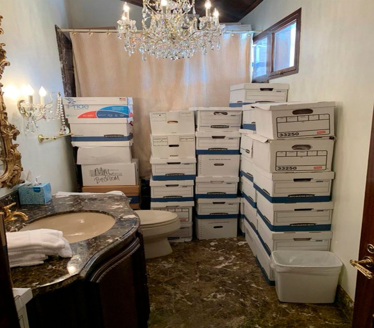 Boxes of records stored in a bathroom and shower in Mar-a-Lago in Palm Beach, Fla. (Justice Department/AP) Boxes of records stored in a bathroom and shower in Mar-a-Lago in Palm Beach, Fla. (Justice Department/AP) 