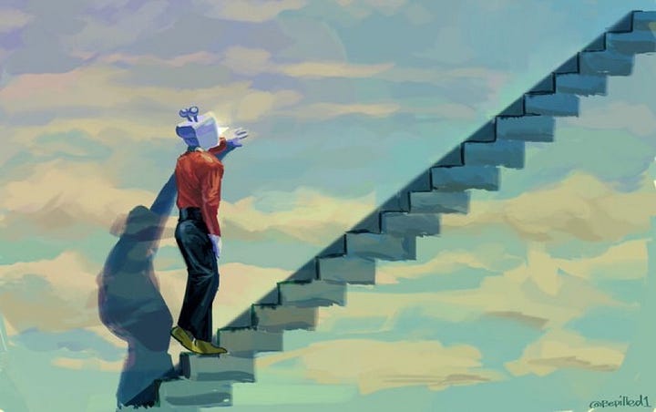 a purple tiger climbing a red tree against a yellow sky, and a human figure with a television set head climbing a heavenly staircase