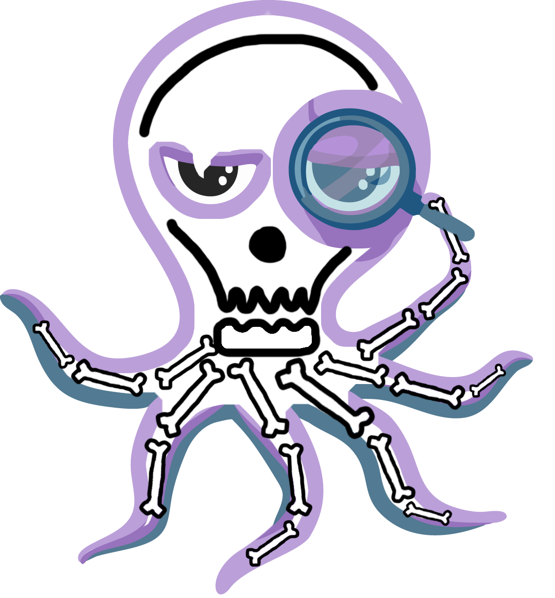 An outline of a purple octopus with a poorly-drawn skull and femur bones for each of the tentacles.